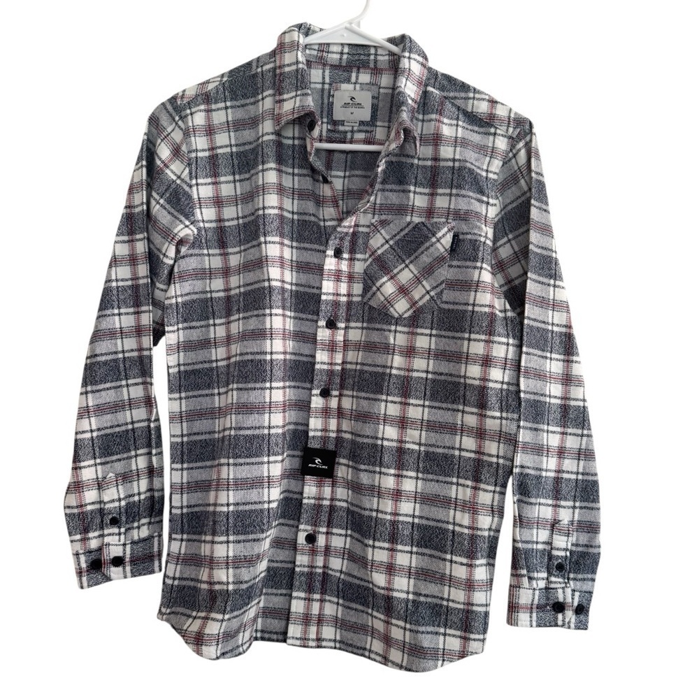 Rip Curl Flannel Plaid Gray Shirt Button Up Long Sleeve Boys Size M NWT